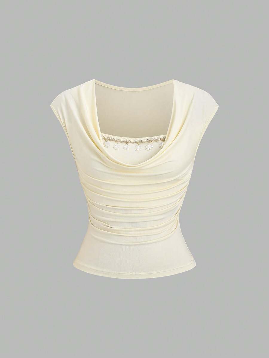 Sweetra Dam Ny Design Sense High Street Elegant Axelbandslös Sexig Slim Fit Elegant Semester Skalmönstrad Volang Mångsidig Bekväm Utomhus Gul Axelbandslös Rundringad T-shirt, Vår/Sommar - Gul - Visa 1