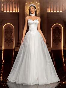 Glamrae 极简白色缎面撞色网纱露肩花瓣荷叶边束身胸衣，修身鱼尾裙摆连衣裙，女士婚纱，正式场合礼服 - 白色 - 查看 4