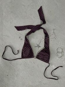 INAWLY Women's Polka Dot Halter Tie Top And Shorts Sexy Vacation Outfit - Coffee Brown - View 3