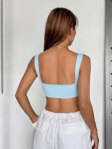 SHEIN EZwear Plain Blue Knitted Crop Cami Top Backless Casual Summer Tank For Women Summer Crop Top Light Blue Crop Top - Blue - View 2