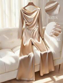 GlowEve Women's Pearl Button Decor Draped Neck Cinched Waist Wide Leg Jumpsuit, Elegant French Style Casual Streetwear Commuter Business Romantic Date Party Christmas, Long Sleeve Champagne Color - Champagne - View 1