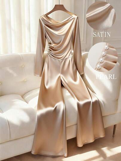GlowEve Tuta ampia da donna con decorazione a bottoni di perle, scollo drappeggiato e vita stretta, stile francese elegante, adatta per casual, ufficio, appuntamenti romantici, feste e Natale, a maniche lunghe, colore champagne