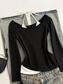 Glimmora 女士Y2K风格休闲日常通勤打结吊带长袖两用T恤，春秋季 - 黑與白 - 查看 7