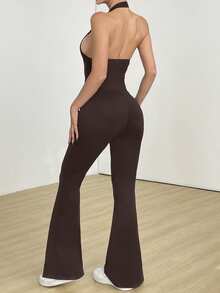 Flirla Black Deep V-Neck Backless Halter Long Jumpsuit, Super Stretchy Slimming Soft Comfortable Casual Sexy Vacation Everyday Wear For Women, Spring/Summer - Brown - View 2