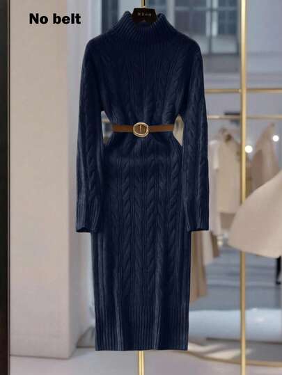 SHEIN Franclia New Autumn/Winter European & American Casual High Neck Slim Fit Mid-Length Knitted Sweater Dress For Women