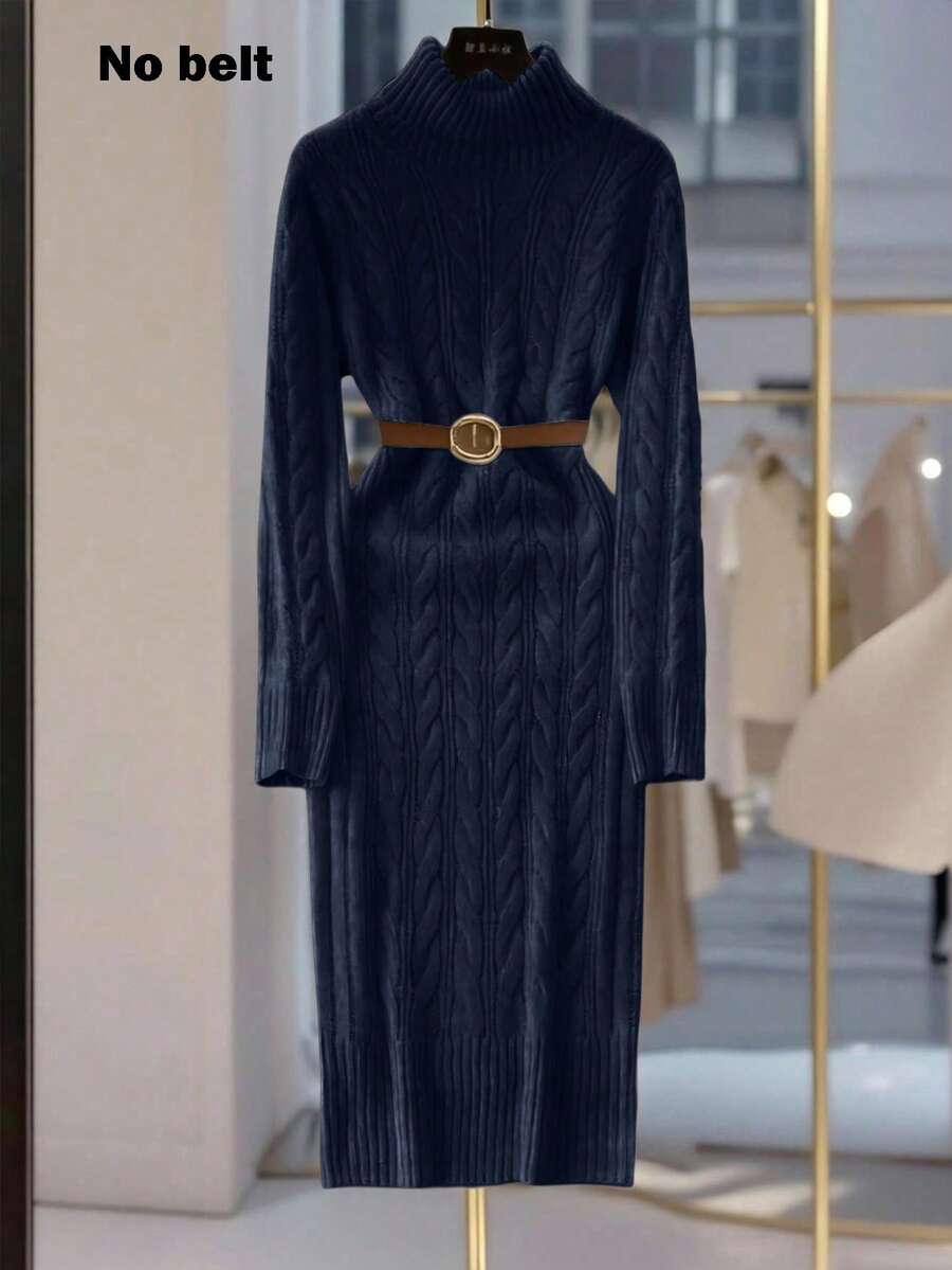 SHEIN Franclia 新款秋冬欧美休闲高领修身中长针织毛衣连衣裙 - 寶藍色 - 查看 1