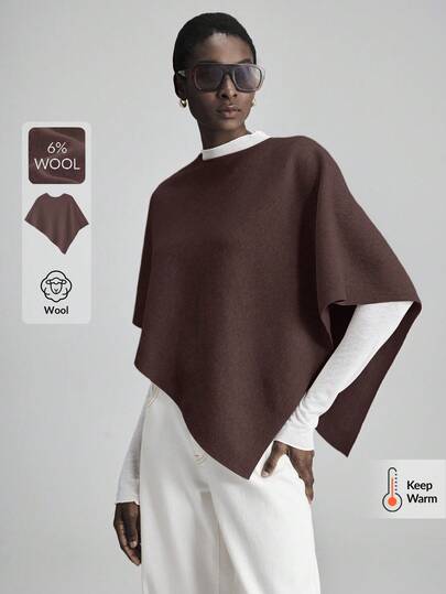 Ontre 女士纯色羊毛混纺斗篷毛衣，简约优雅，百搭实用，适合通勤、商务、休闲、办公、教师、情人节等场合。