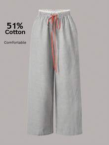 SHEIN EZwear 休闲编织条纹高腰宽松阔腿女裤 - 橄欖綠 - 查看 1