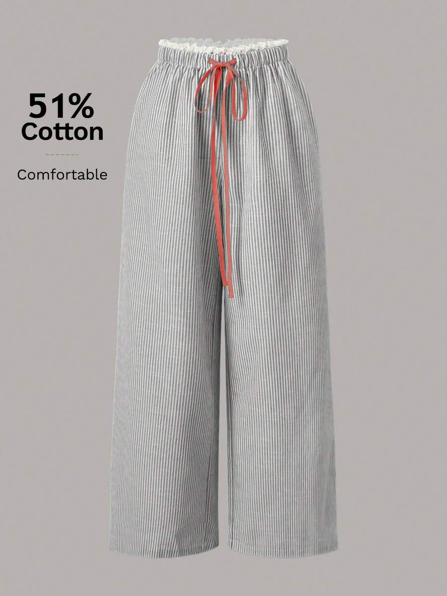 SHEIN EZwear 休闲编织条纹高腰宽松阔腿女裤 - 橄欖綠 - 查看 1