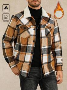 Manfinity Homme Plus Size Men's Casual Vintage Striped Long Sleeve Jacket, Suitable For Daily Outings Plaid Jacket Plaid Flannel Flannels For Men Jackets For Men - Khaki - View 3