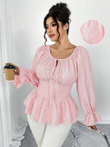 Elenzga Áo thun dáng chữ A ôm sát, cổ tròn, tay bồng, chất liệu dệt kim dập nổi 3D, cỡ lớn, thanh lịch, thích hợp cho các buổi đi chơi, đi làm, hẹn hò và tụ họp. - Hồng - Xem 6