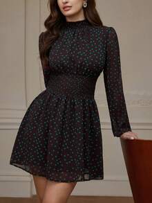 Revavyn 撞色印花雪纺立领抽绳腰A字长袖优雅浪漫女装 - 咖啡 - 查看 1