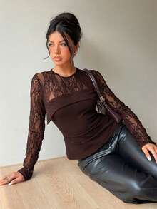 Siren Gaze 女士优雅蕾丝拼接薄纱衬衫，秋冬款 - 棕色 - 查看 5