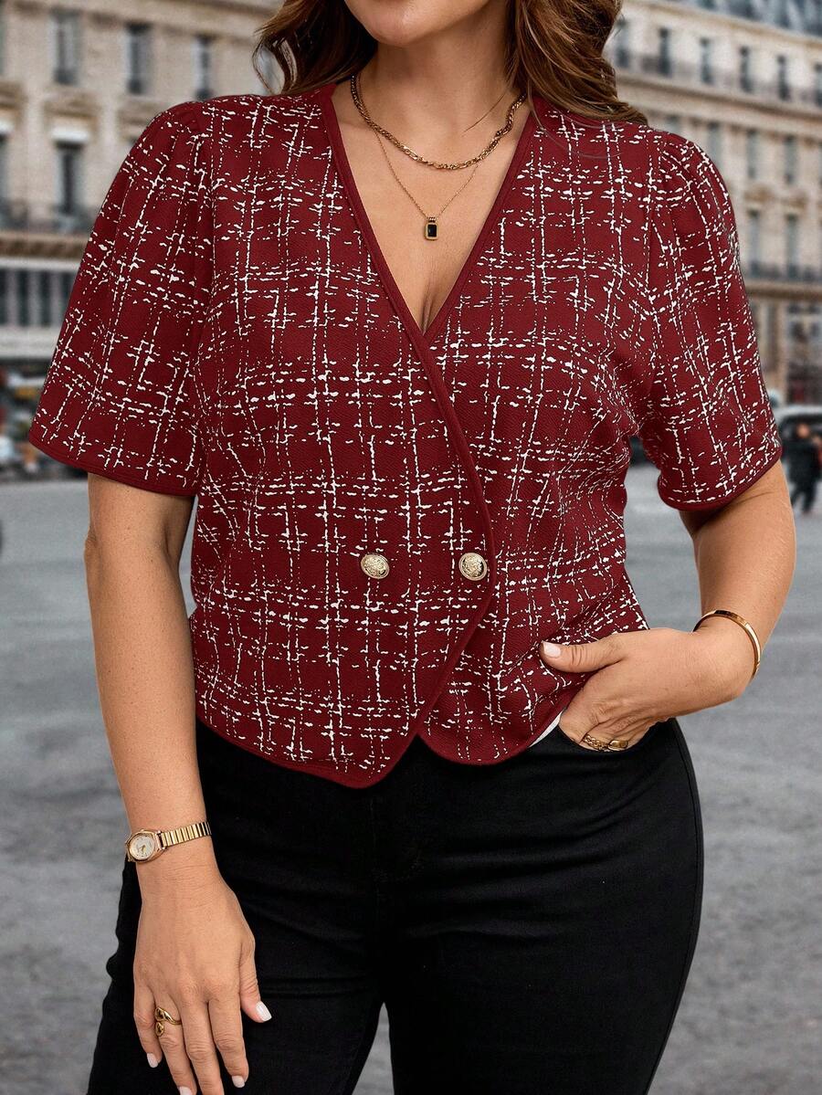 SHEIN Clasi 大码女式时尚双排扣V领短袖外套 - 酒紅色 - 查看 1