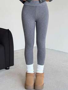 SHEIN Quần legging yoga dài, dáng ôm, thoải mái, màu trơn, lót giữ nhiệt, dành cho bé gái tuổi teen. - Màu xanh hải quân - Xem 3