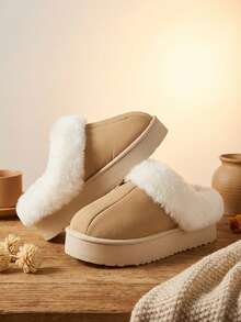 Dama pantuflas de forro afelpado punta cerrada suela gruesa estilo invernal para uso en casa pantuflas - Caqui - Ver 1