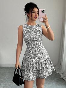 Vestido elegante de cuello redondo con estampado bohemio para mujer,Diseño ajustado a la cintura con detalles de volantes,Vestidos de mujer, vestidos estampados de mujer - Negro - Ver 1