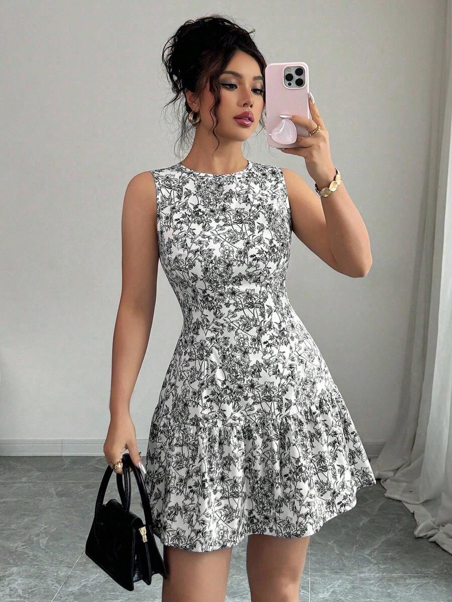 Vestido elegante de cuello redondo con estampado bohemio para mujer,Diseño ajustado a la cintura con detalles de volantes,Vestidos de mujer, vestidos estampados de mujer - Negro - Ver 1