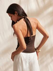 Easelle 棕色针织高领修身女式上衣 - 棕色 - 查看 2