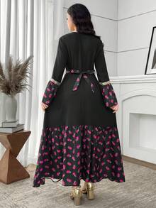 SHEIN Black Autumn Elegant Party Teen Girls Gold Ribbon Collar Floral Print Flare Sleeve Belted Dress,Dignified National Day Abaya Arabic Modest Dresses - Black - View 2