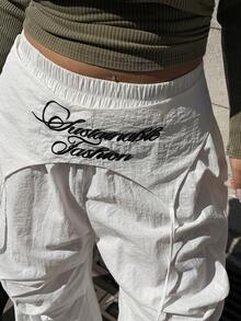 Muchica Pantalones anchos casuales de talla grande para mujer con cintura elástica, estampado de letras y parches, versátiles para vacaciones y viajes - Blanco - Ver 5