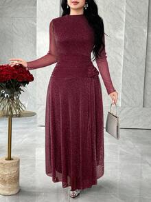 Feyla Long Sleeve Front Slit 3D Floral Elegant Elegant Versatile Party Dress - Burgundy - View 4