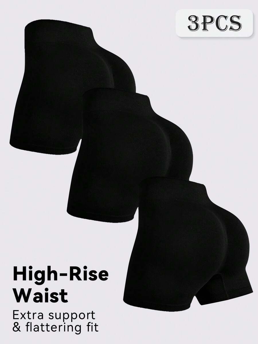3条装女士无缝瑜伽短裤 - 黑色 - 查看 1
