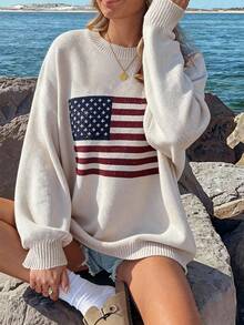 SoleilVie Usa Flag Design Drop Shoulder Sweater,Long Sleeve Tops Knit Pullover Fall Winter Sweater - White - View 5