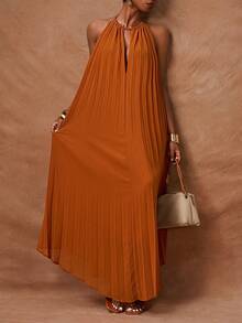 Zivah 2026春夏新款音乐节、复活节、圣帕特里克节、情人节、约会、西部风情、游牧风、生日派对、毕业典礼、大学、学生、日常休闲、基础款、休闲、度假、邮轮、海滩、日光浴、爆款、街头风、婚礼宾客、波西米亚风、通勤、早午餐、机场、派对、假日郊游、办公室着装 露背系带无袖A字长款褶皱飘逸黄色雪纺连衣裙 - 黃色 - 查看 7