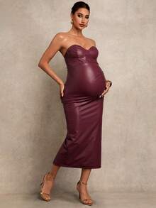 MaterniChic Vestido de maternidad ajustado de unicolor con bandeau de piel sintética - Burdeos - Ver 3