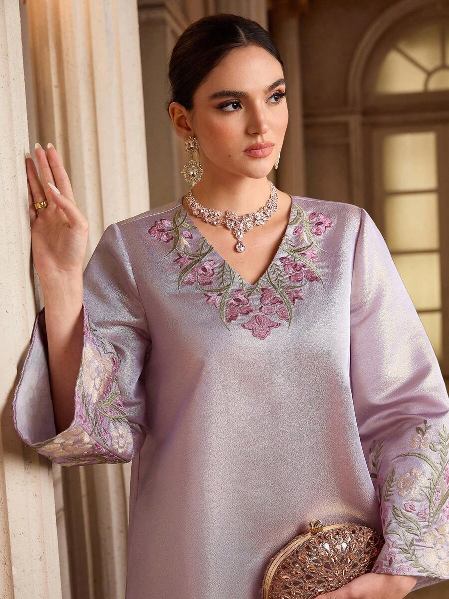 Al Najma Women's Floral Embroidered V-Neck Long Sleeve Elegant Arabic Dress Kaftan Jalabiya Dress - Mauve Purple - View 1