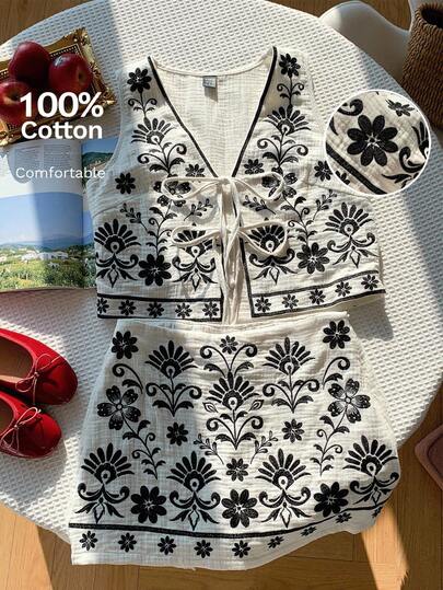 Comfortcana Conjunto de Colete com Amarração na Frente e Mini Saia com Bordado Floral Feminino