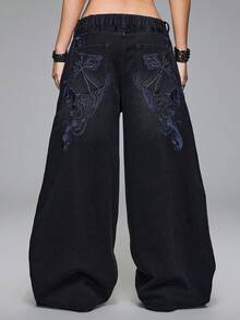 ROMWE Grunge Punk Quần jean ống đứng Punk Distressed Cross & Vine Washed Plus Size dành cho nữ - màu đen - Xem 1