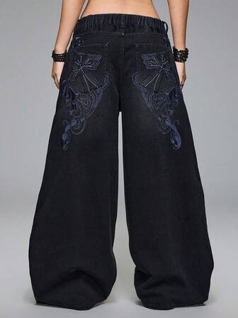 Grunge Punk Punk Distressed Cross & Vine Washed Plus Size Straight Leg Plus Size Women Jeans