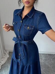 Elenzga Women's Casual Washed Front Button Short Sleeve Denim Dress Summer Elegant - Blue - View 6