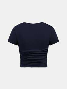 Girlism Áo thun ngắn tay cổ tròn ôm dáng thoải mái cho bé gái tuổi teen, có bèo nhún bên hông và dây buộc tóc. - Màu xanh hải quân - Xem 2