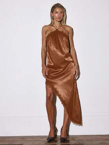 MUSERA Đầm ngắn satin cổ chữ V khoét sâu, viền ren bất đối xứng, thích hợp cho các dịp đi chơi, gợi cảm, thường ngày, buổi tối hẹn hò, thanh lịch, mùa xuân, ngày lễ tình nhân, kỳ nghỉ, đám cưới, khách mời, mùa hè. - màu nâu - Xem 2