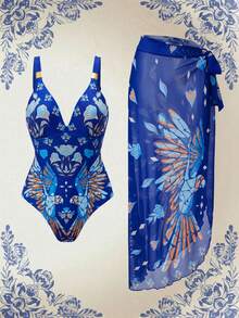 Swim Oasis Conjunto de traje de baño de una pieza con estampado de loro de lujo para resort del sur de Francia, con falda pareo - Multicolor - Ver 11