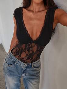 Aloruh V领蕾丝性感半透明无袖连体衣，黑色 - 黑色 - 查看 6