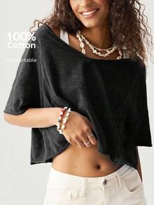 SHEIN BohoFeels Boho Women Casual Solid Color V-Neck Short Sleeve Loose T-Shirt - Black - View 8