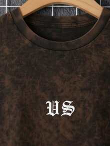 Camiseta para hombre estilo vintage urbano con estampado de letras, tela de algodón lavado, corte holgado, corta, para primavera y verano, uso diario, reuniones y combinaciones versátiles - Marrón oscuro - Ver 5