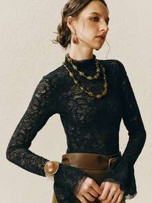 Revavyn 女士天鹅绒蕾丝面料，网纱袖口，双层喇叭袖口，修身剪裁，优雅日常风格，黑色长袖打底衫。适合秋季穿着。蕾丝长袖上衣，黑色蕾丝上衣，新年必备。 - 黑色 - 查看 3