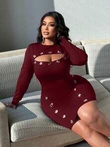 NU&NOW Đầm mini gợi cảm dáng suông cổ tròn, chất liệu vải thun co giãn, màu trơn, đính cúc kim loại, dành cho nữ, kiểu dáng quyến rũ, thích hợp dự tiệc, hẹn hò, đi club, phong cách cá tính, hip hop. - Màu Đỏ Sâu - Xem 5