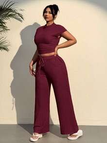 SHEIN EZwear Conjunto de top y pantalones de punto texturizado con cordón, informal y de talla grande - Burdeos - Ver 5
