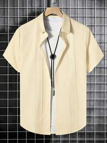 Manfinity CasualCool 男士休闲纯色纽扣短袖衬衫 - 卡其色 - 查看 3