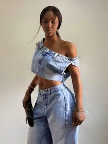 StreetHx Áo sơ mi denim nữ màu trơn thời trang dáng bất đối xứng - Rửa nhẹ - Xem 4