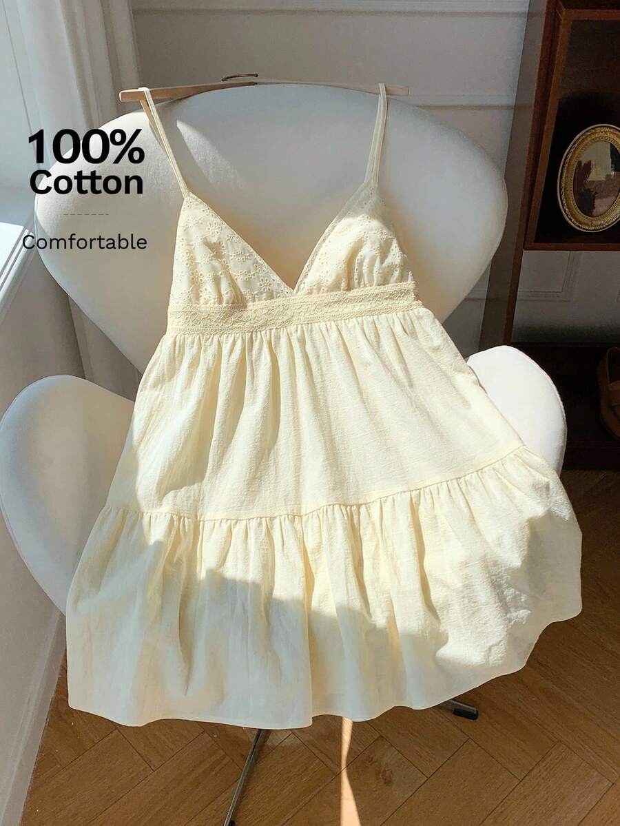 Comfortcana Women's Vacation Casual Beige Woven Spaghetti Strap Mini Dress Cotton - Apricot - View 1