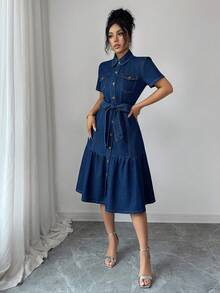 Elenzga Women's Casual Washed Front Button Short Sleeve Denim Dress Summer Elegant - Blue - View 1