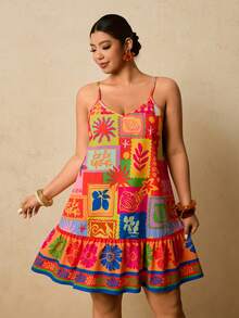 Travachic Plus Size Sleeveless Colorful Vintage Ruffle Hem Summer Dress