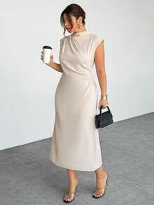 Firerie 大码女士纯色立领褶裥修身优雅连衣裙 - 杏色 - 查看 4